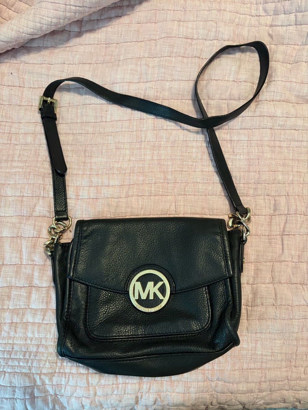 Michael Kors Black Pebbled Leather Small Crossbody with Gold MK Emblem